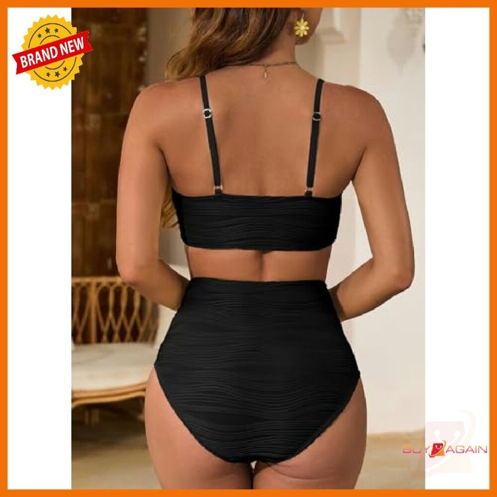High Waisted Bikini Set with Metal Ring Cutout, Push Up Top, Textured Fabric - Picture 4 of 8